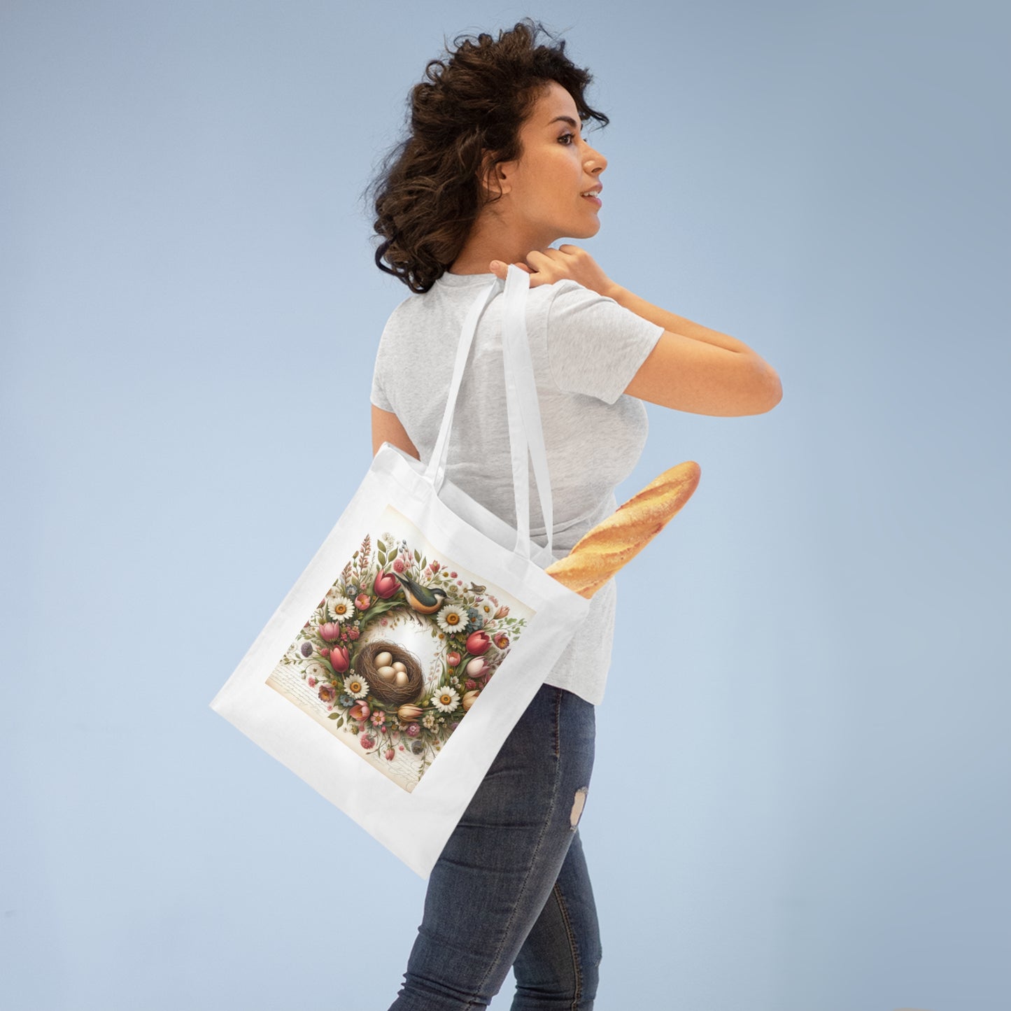 Sac fourre-tout floral de printemps avec design de nid d'oiseau